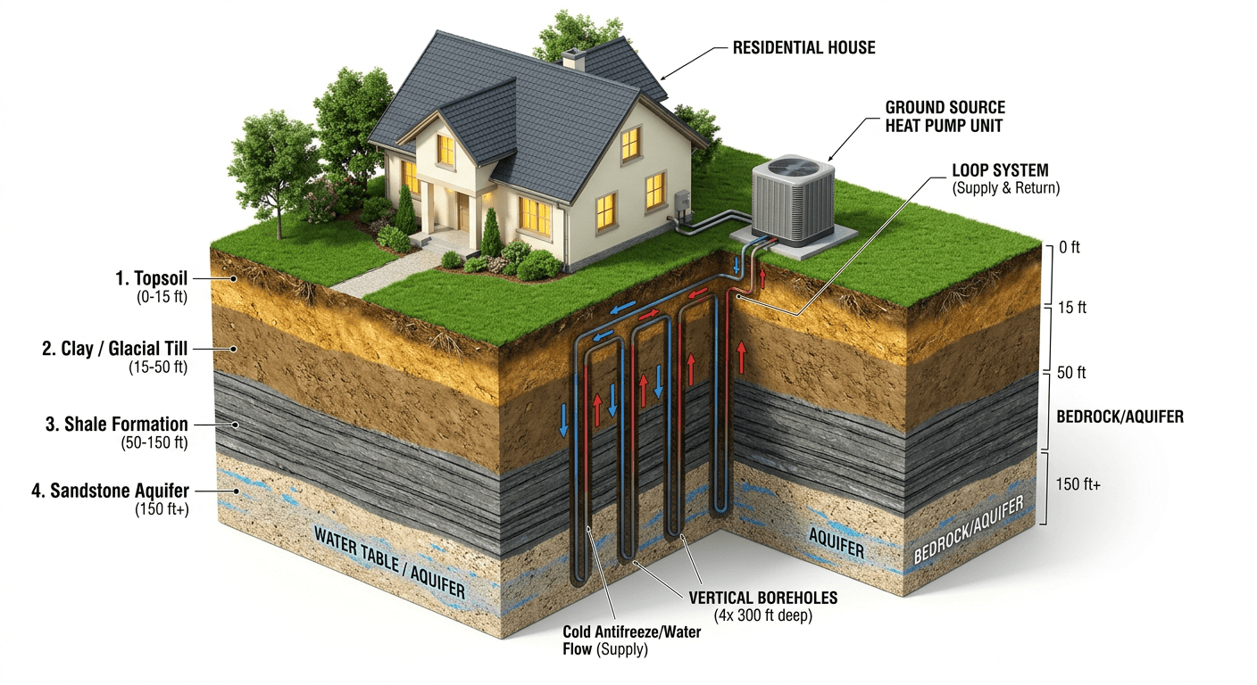 Geothermal heat pump system cross-section showing underground pipe loops, geological layers, and heat exchange process